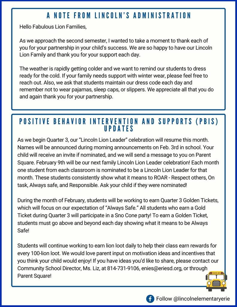 Information for Lincoln Elementary School families from the administration and a PBIS update. 