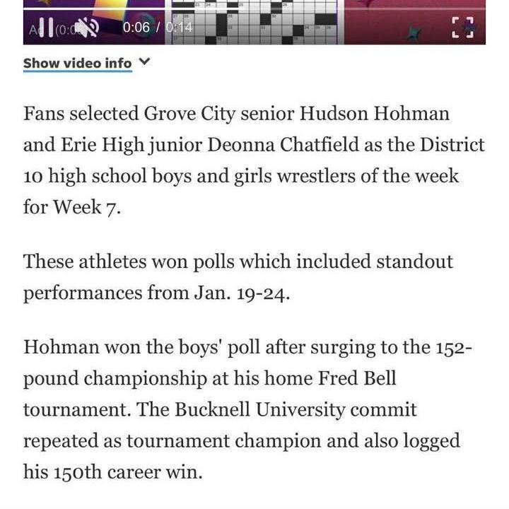 News article that states that Deonna Chatfield from Erie High was named the girls wrestleter of the week for Week 7.