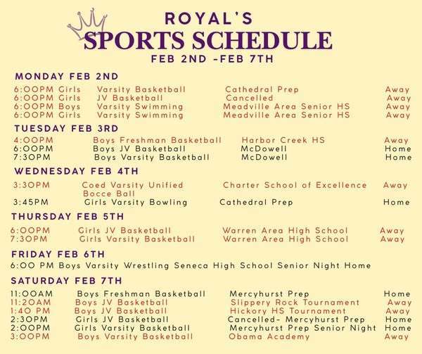 Erie High School sports schedule for February second to February seventh.