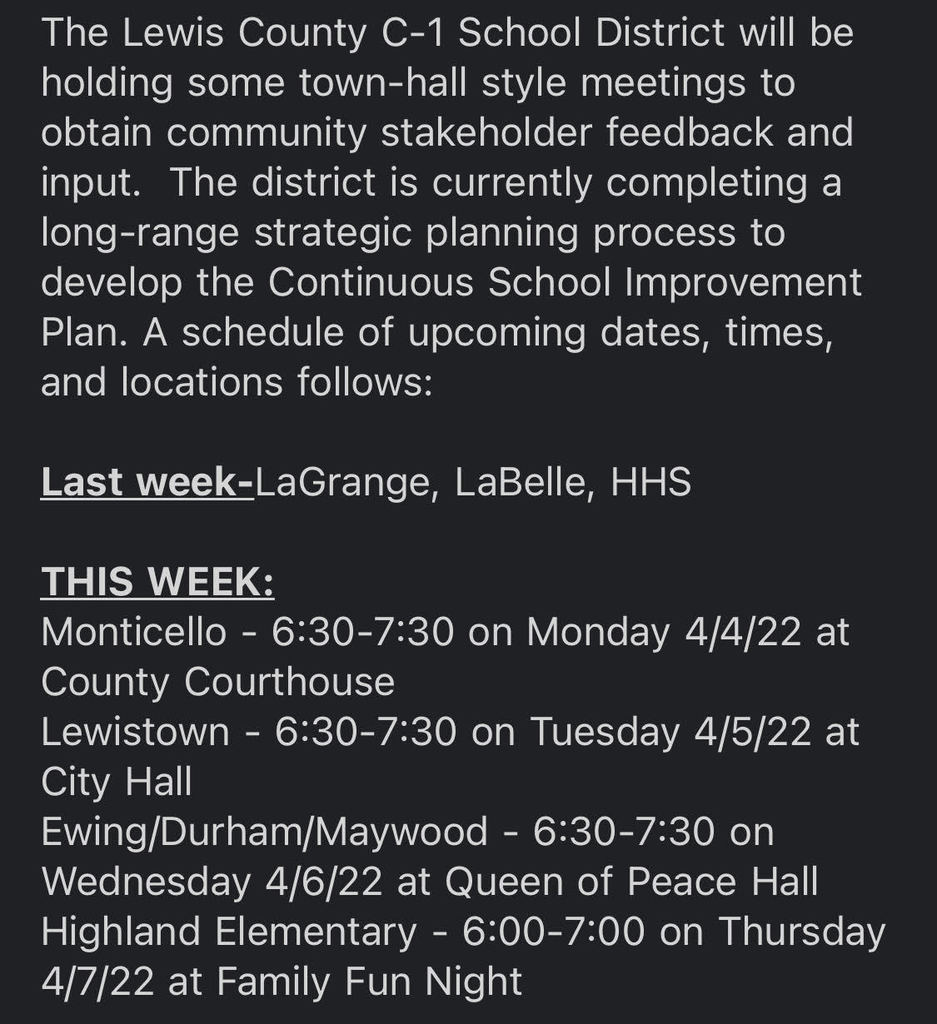 Image of meeting schedule for the district's townhall meetings to conduct a CSIP activity with stakeholders.