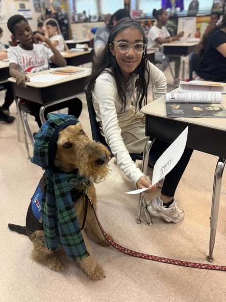 A young girl is sitting at a desk in a classroom and showing a paper to a dog who is sitting on the floor dressed in a plaid hat and scarf. 