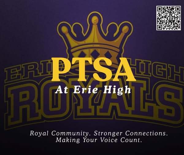 PTSA at Erie High written on a purple background with the Erie High Royals Logo in the back faded.
