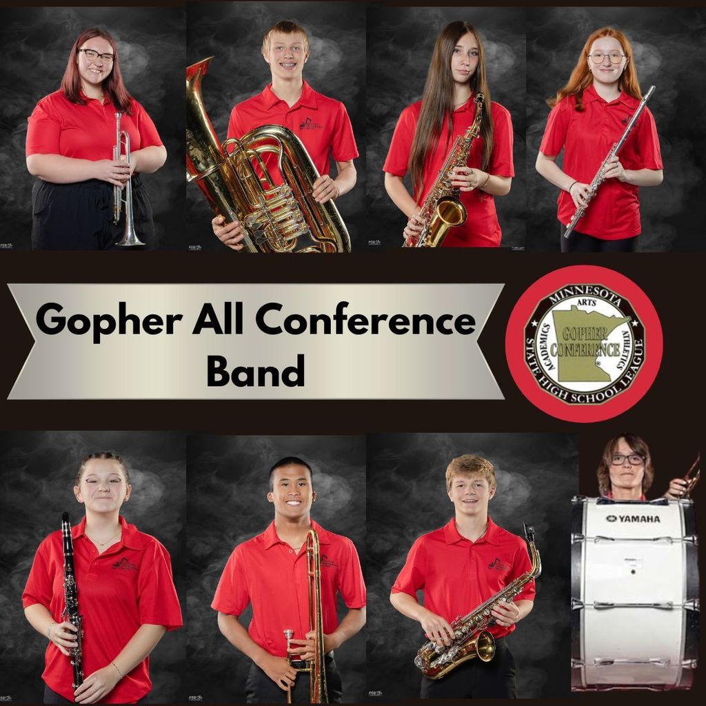 8 Students holding band instruments for Gopher All Conference