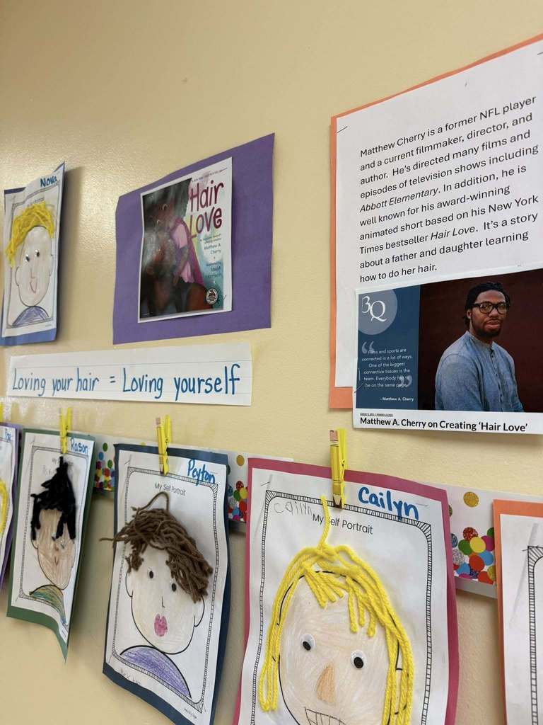 Drawings displayed on a wall with hair made from string.