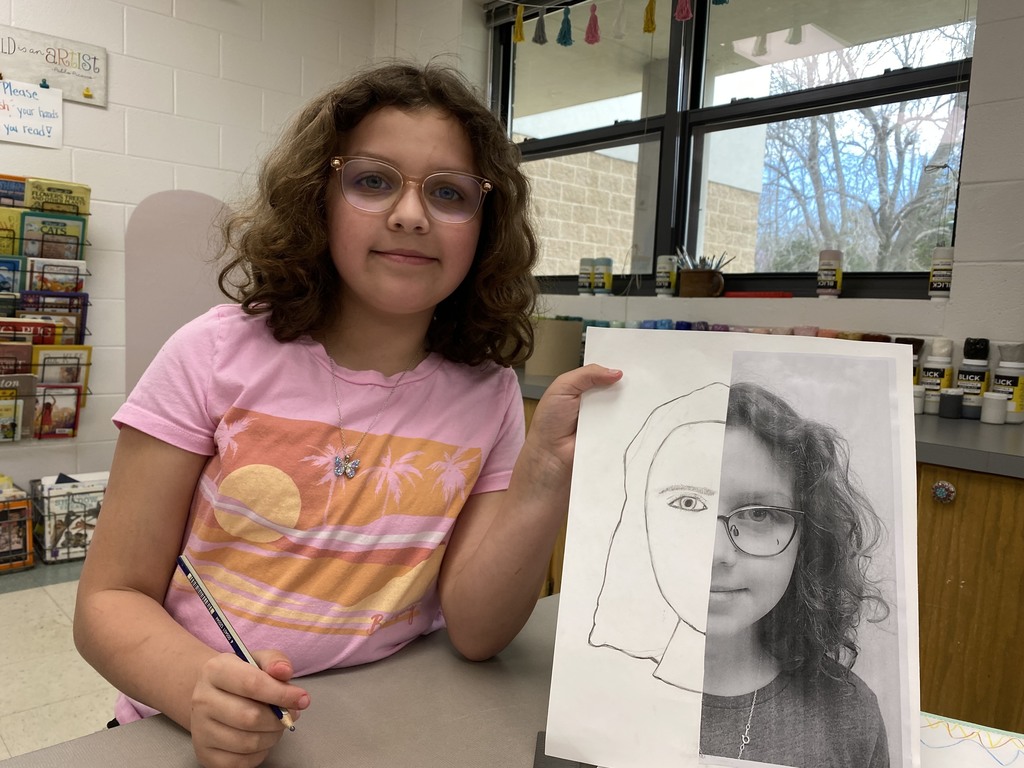 Staff Spotlight! Meet Ms. Contessa Shew, Art Teacher extraordinaire at Vandergriff Elementary. Today Ms. Shew is working with third-grade students on a split cell portrait project learning drawing skills and portraiture. In order to align the facial dimensions, students use rulers and math concepts as well as graphite pencils to complete the portrait. 