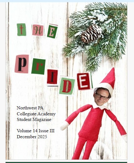 The Pride student magazine cover with an elf that has a mans face pasted on it. 