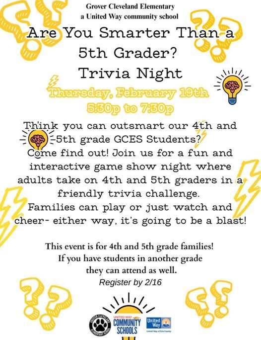 Are you smarter than a fifth grader trivia night flyer.