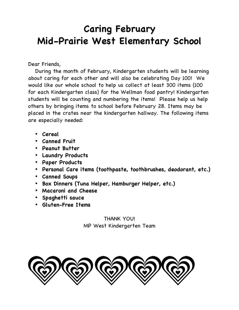 MP West Kindergarten to collect food pantry items during February