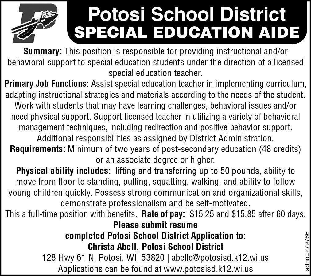 Special Ed Assistant Job Opening