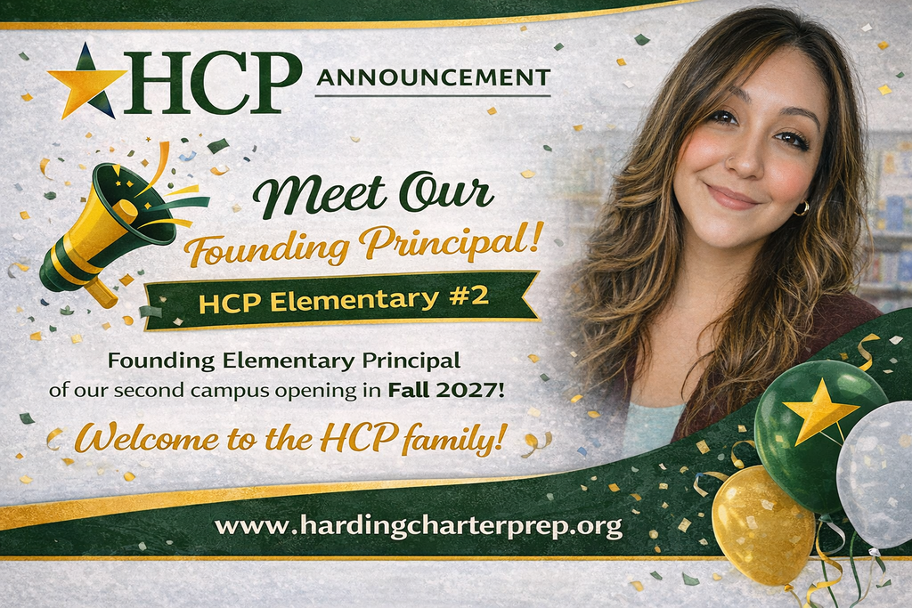 A poster shows a smiling woman, a megaphone, balloons, and a star. Text reads "Meet Our Founding Principal!" with a website.
