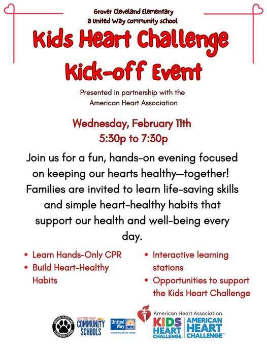 A Kids Heart Challenge Kick-off event flyer for Wednesday, February 11.