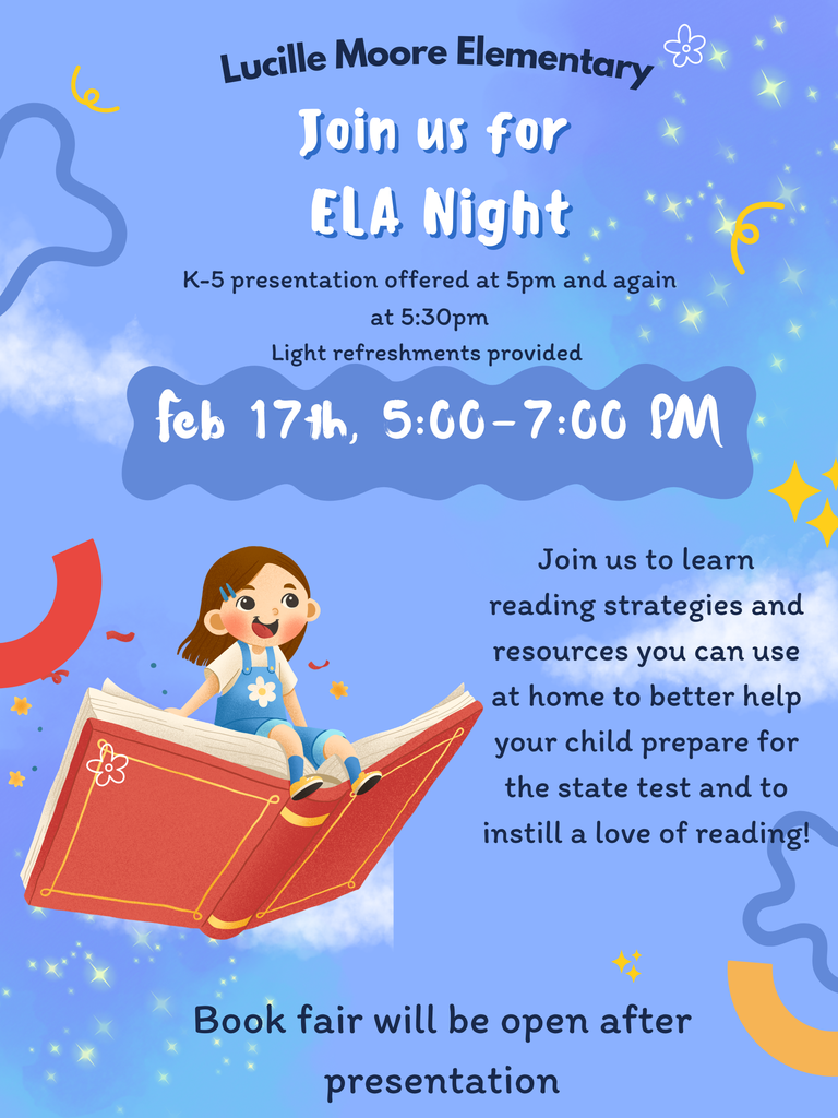 Join us to learn  reading strategies and resources you can use at home to better help  your child prepare for the state test and to instill a love of reading!