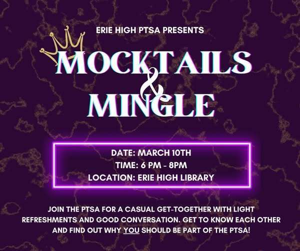 A Mocktails and Mingle graphic on a purple background for March 10th.