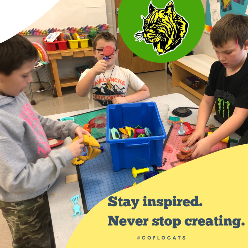 Florence Elementary Students creating, Stay inspired. Never stop Creating. #GoFloCats