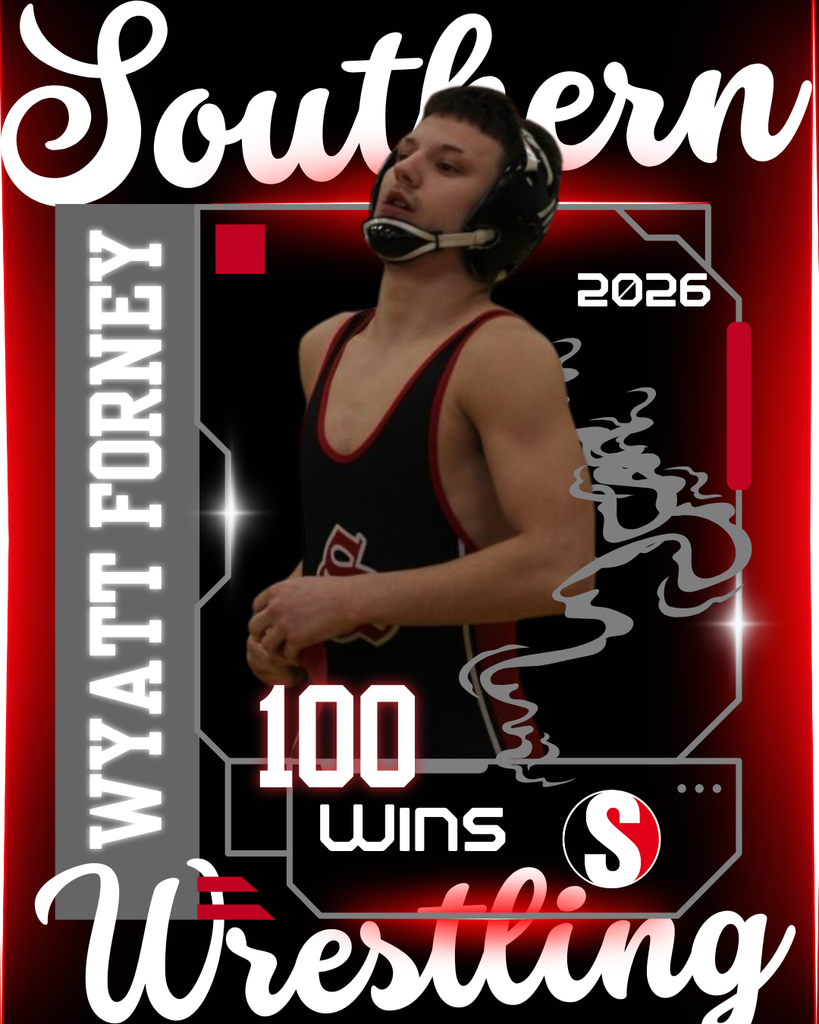 Red and black Southern wrestling graphic featuring Wyatt Forney in a black singlet and headgear. The design includes “Southern,” “Wrestling,” “2026,” his name vertically along the side, and “100 Wins” highlighted in bold white lettering with Raider-themed accents and glowing red details.