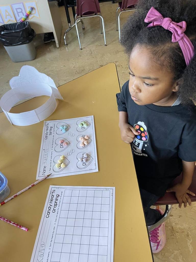 Student doing an activity in class, using candy and paper. 