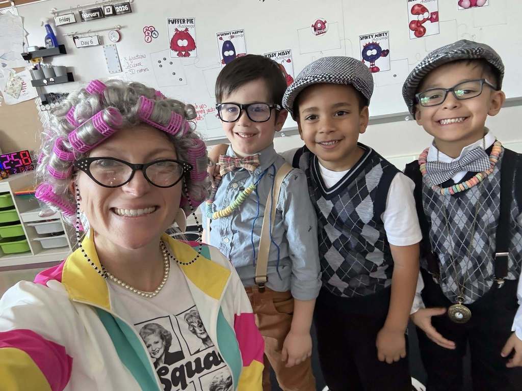 Students and teacher dressed up as old people. 