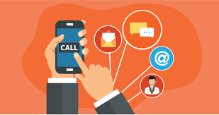 An illustration of a hand holding a phone with the word 'CALL' on the screen. Around it, icons include a message, email, and a person.