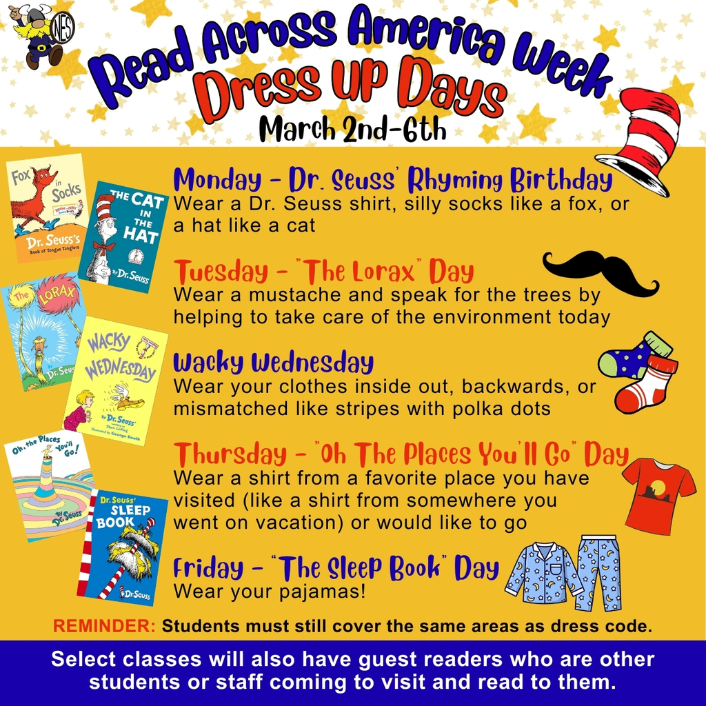 Images of Dr. Seuss books and theme days for Read Across America Week