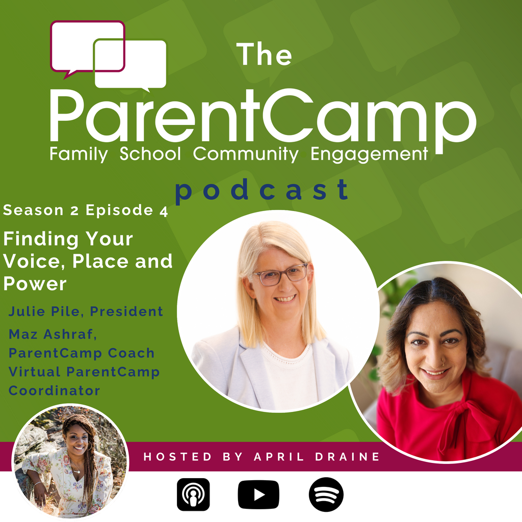 A podcast advertisement shows two women. One is wearing glasses and the other is in a red top.