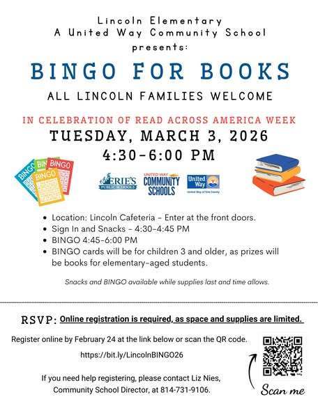 Bingo for books flyer for Lincoln Elementary School on March third.