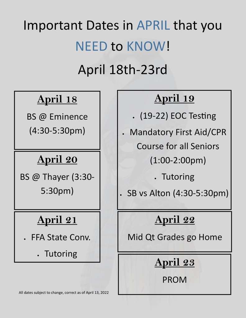 Weekly Calendar for April 18th-23rd in gray with Blue Jay in background.