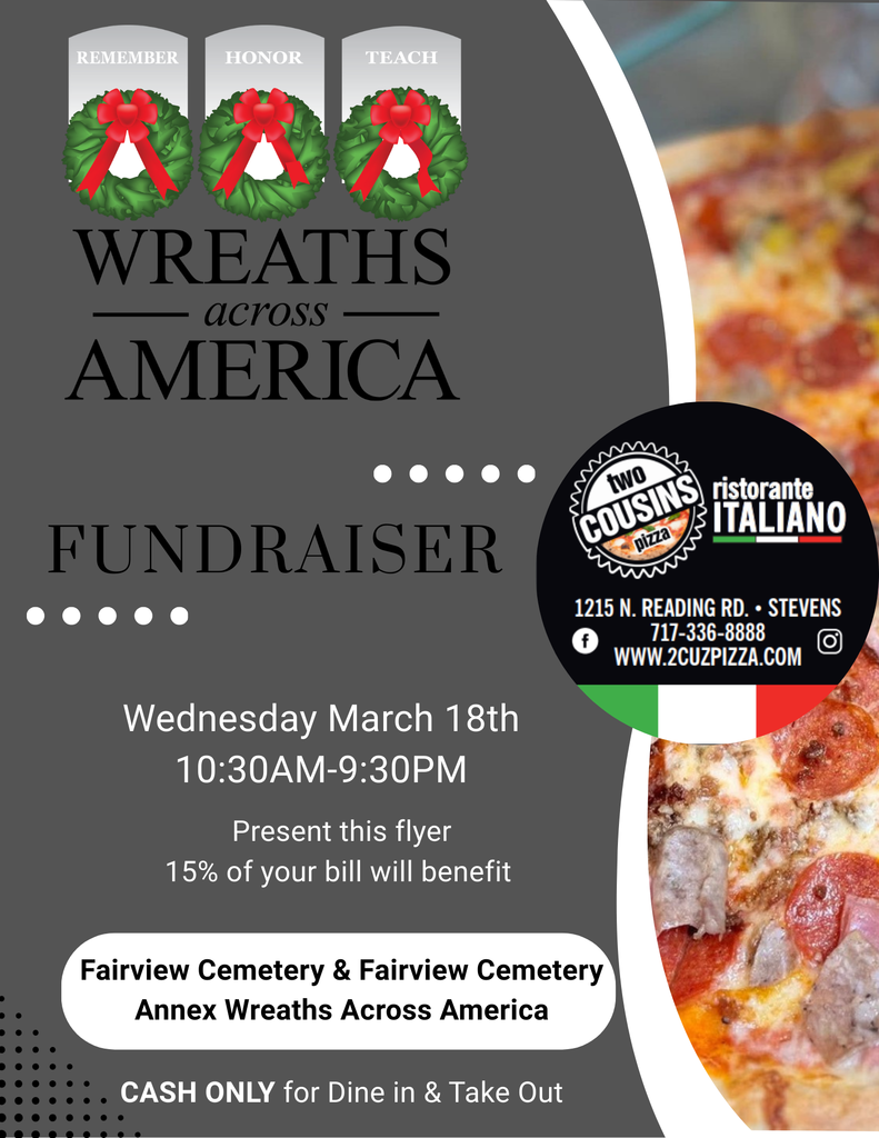 Flyer for Wreaths Across America fundraiser and Two Cousins - Stevens
