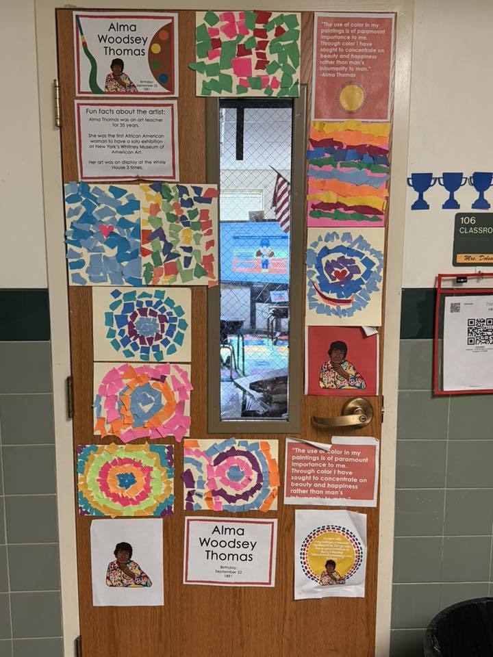 For Black History Month a classroom door decorated. 