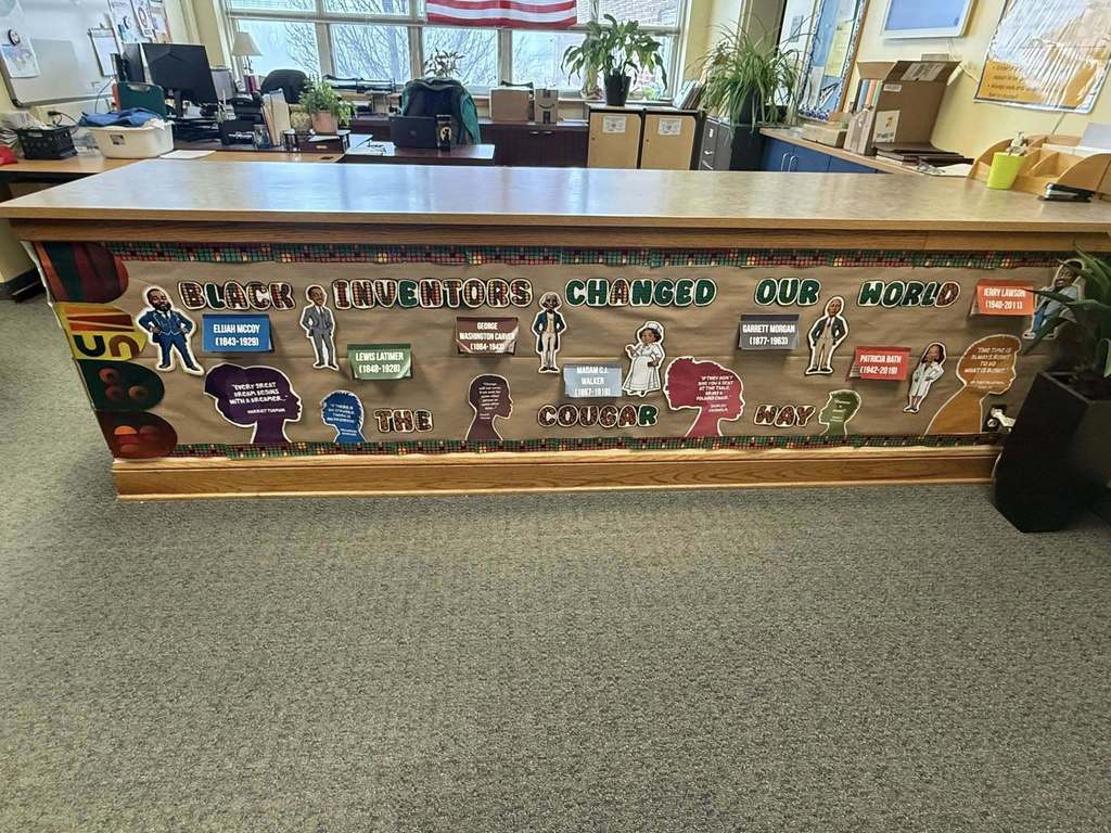The school office decorated for Black History Month. 