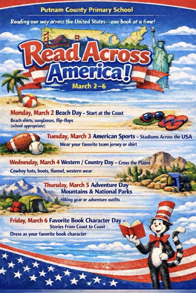 Read Across America Week March 2-6- Please join us in the celebration through our dress up days.