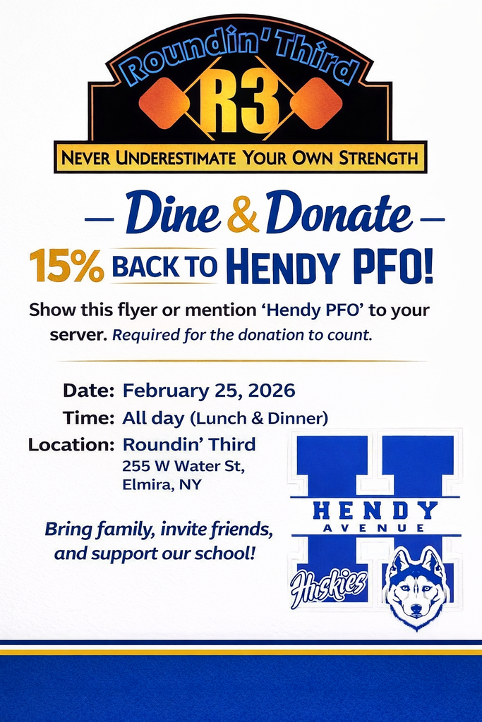Flyer for a Hendy PFO fundraiser at Roundin' Third on February 25, 2026. All-day dine‑in event with 15% of sales donated when mentioning Hendy PFO. Includes Roundin’ Third logo, Hendy Avenue ‘H’ logo, and Husky mascot