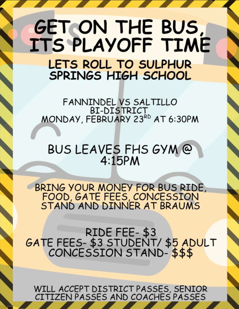 Boys Basket Ball playoff game 1 Fan bus information 