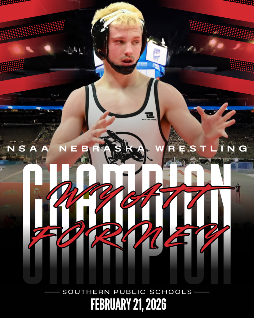 Graphic of Wyatt Forney wearing a white wrestling singlet and black headgear, standing on the mat inside a large arena. Bold text reads “NSAA Nebraska Wrestling Champion” with “Wyatt Forney” in red script across the center. Southern Public Schools and the date February 21, 2026 appear at the bottom. Red and black design elements frame the image.