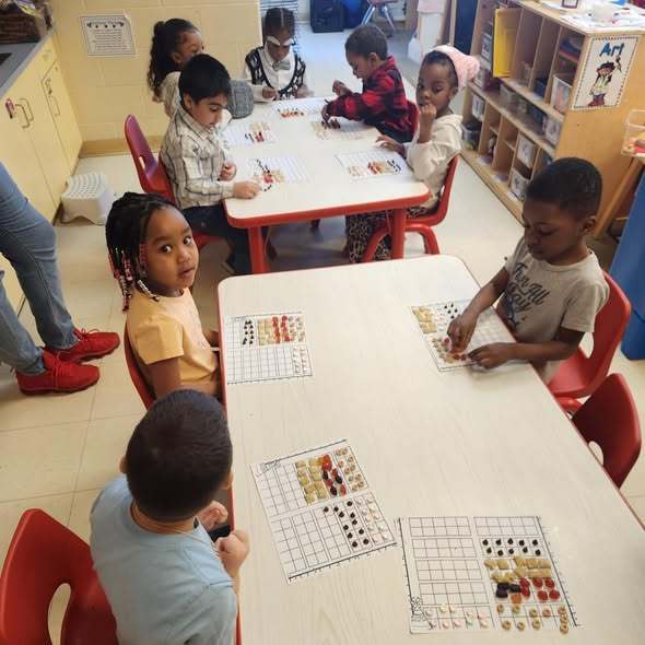 Students putting different snacks on a chart in class.