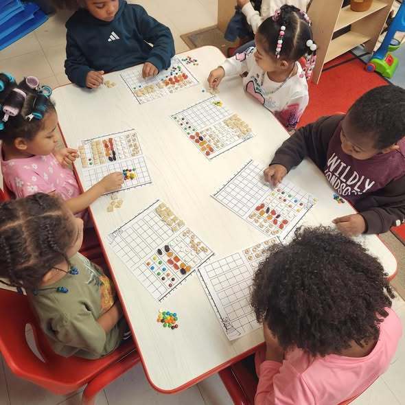 Students putting different snacks on a chart in class.