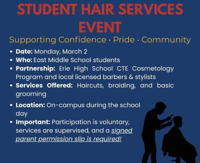 A flyer for Student Hair Services happening on March 2 at East Middle School.
