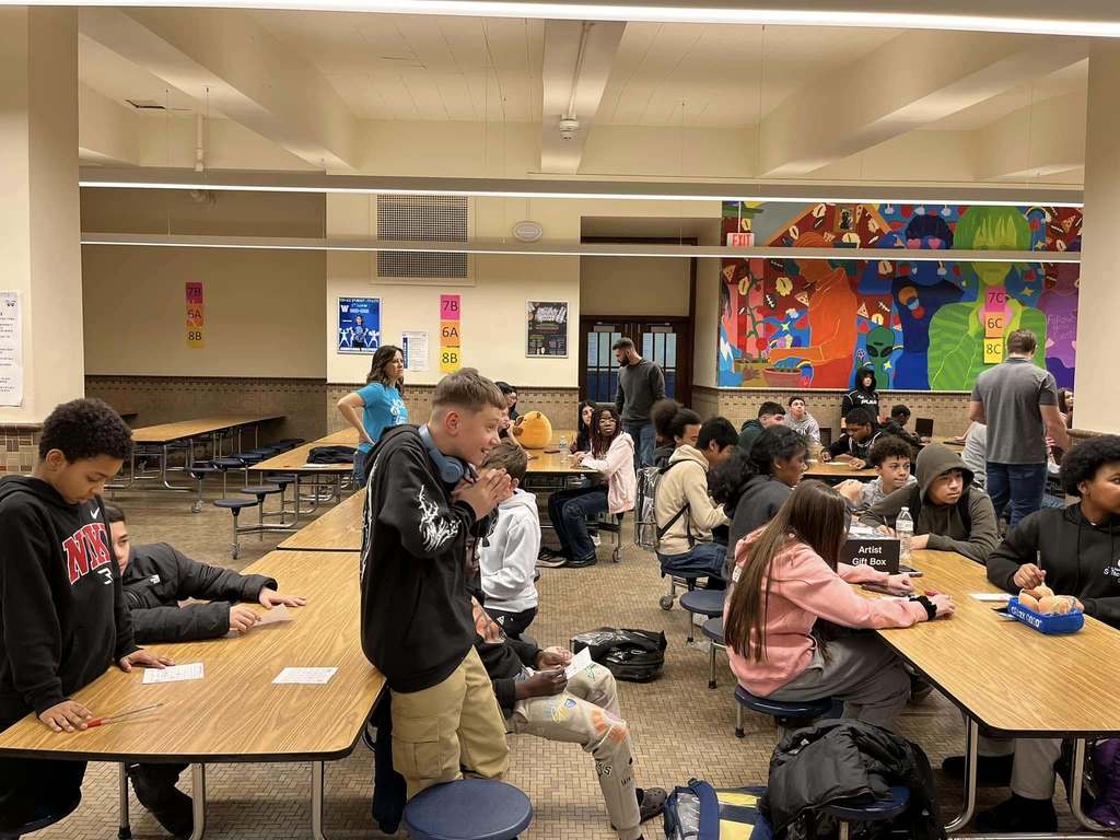 Students in a school cafeteria.