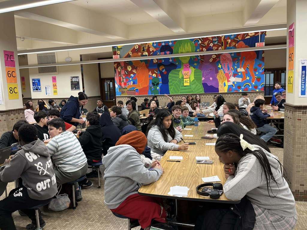 Students in a school cafeteria.