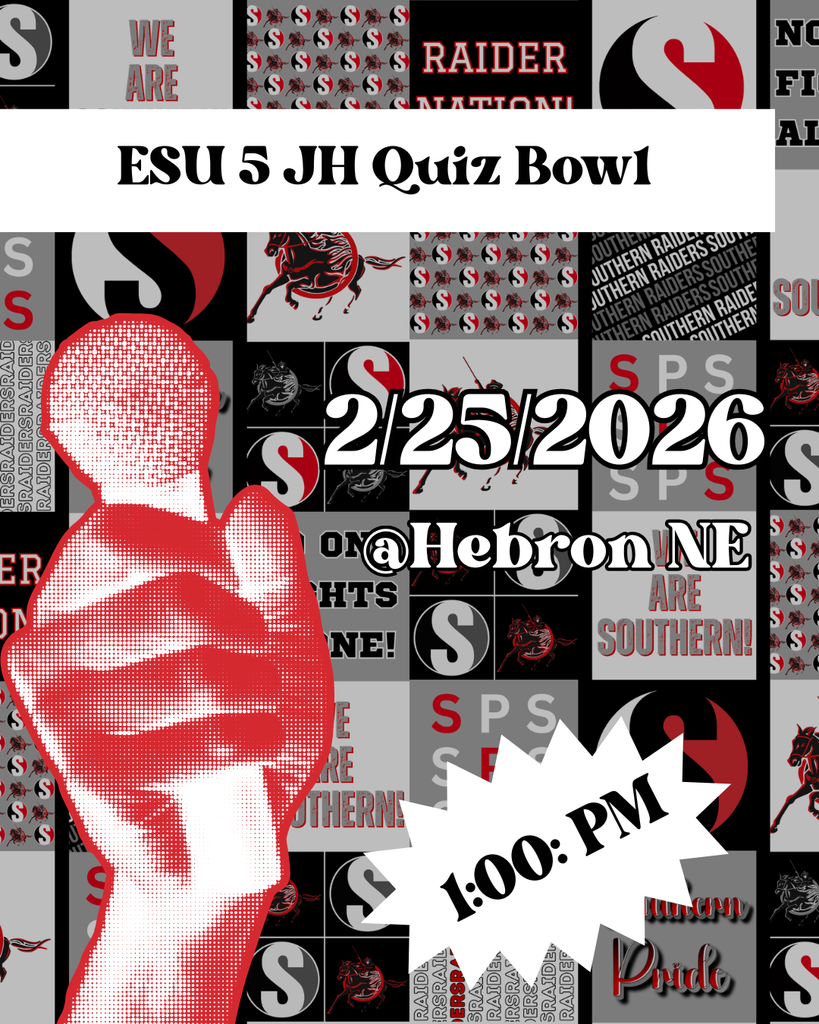 Red, black, and gray Southern Raiders graphic promoting ESU 5 Junior High Quiz Bowl. Text reads: “ESU 5 JH Quiz Bowl,” “2/25/2026,” “@ Hebron NE,” and “1:00 PM.” The background features a collage of Southern “S” logos, Raider horse graphics, and school-themed patterns. A red halftone microphone silhouette appears on the left side, and a white starburst highlights the 1:00 PM start time.