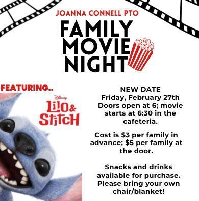 JoAnna Connell Family Movie Night flyer for February 27.