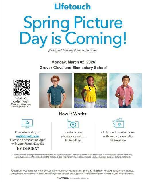 Spring Picture Day on March 2, 2026 at Grover Cleveland Elementary School. 