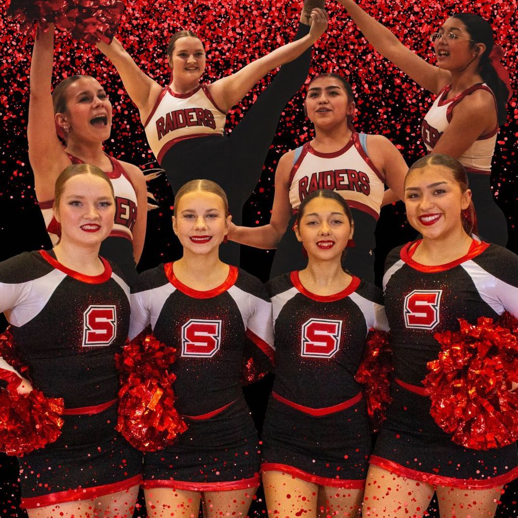 Vibrant, red sparkly image of individual and group cheer team photos.