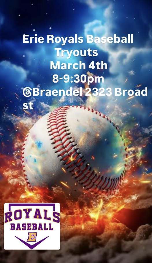 Erie Royals Baseball Tryouts flyer for March fourth.