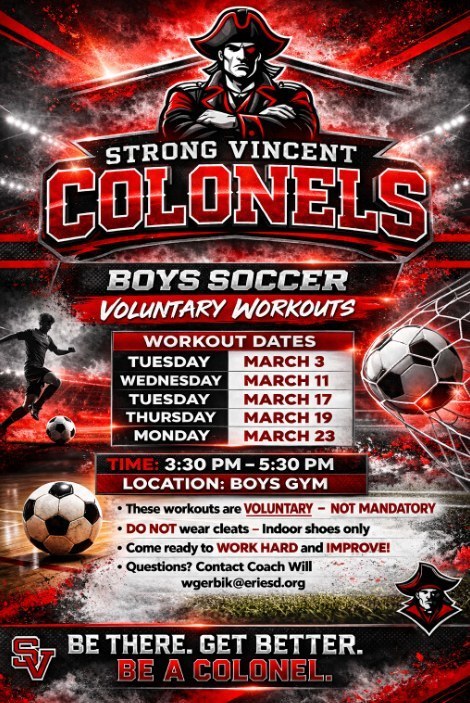 Strong Vincent Colonels Boys Soccer Voluntary workouts flyer. 