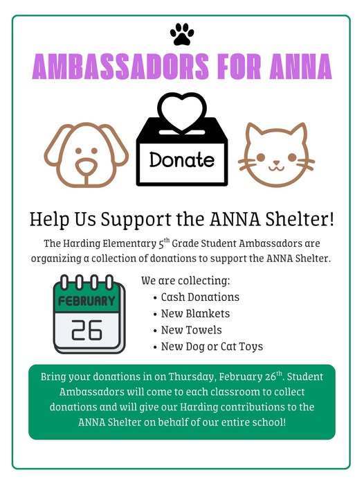 A flyer about Harding 5th grade student ambassadors collecting donations for the ANNA Shelter.