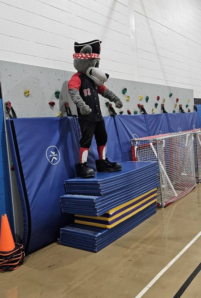 Erie SeaWolves Mascot standing on matts in the school gym. 