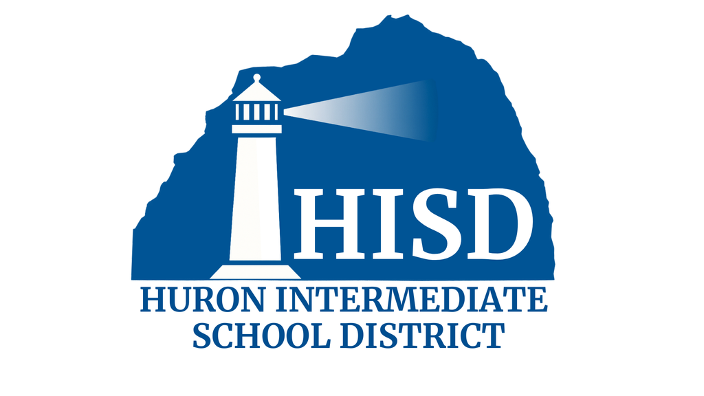 The logo shows a blue silhouette shaped like Michigan’s Thumb region with a white lighthouse shining a beam of light across it, the large white letters “HISD” beside the lighthouse, and the words “Huron Intermediate School District” written below in blue capital letters.