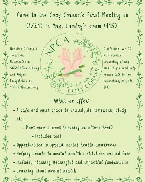 An invitation to come to the Cozy Corner's first meeting.