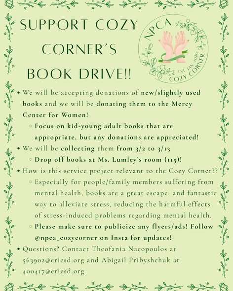 Support Cozy Corner's Book Drive at Collegiate Academy.