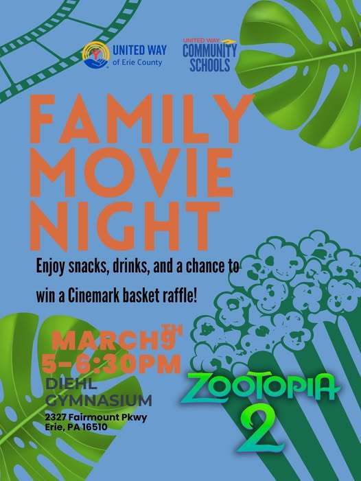 Family Movie Night at Diehl Elementary on March 3rd at 5 PM to watch Zootopia 2.
